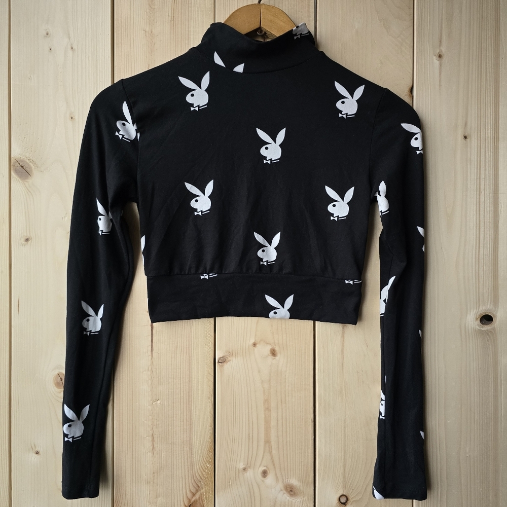 Playboy Crop Top Black Bunnies Long Sleeve Open Back Small